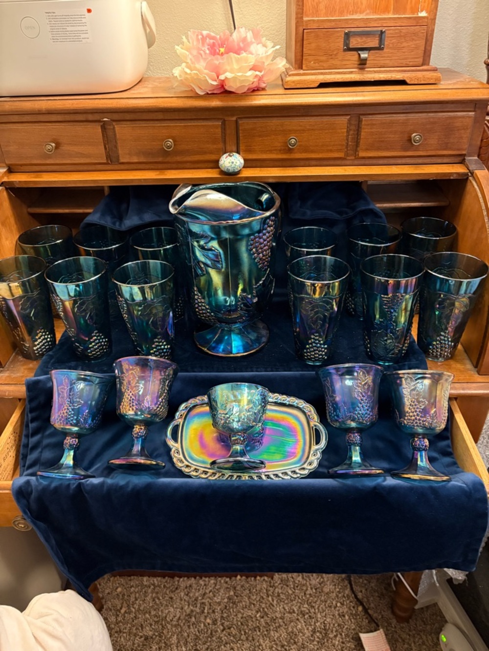 Indiana Glass Iridescent Blue-Green Carnival Glass Pitcher and Glassware Set